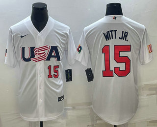 Men's USA Baseball #15 Bobby Witt Jr Number 2023 White World Baseball Classic Replica Stitched Jersey,We sell and wholesale Men's USA Baseball #15 Bobby Witt Jr Number 2023 White World Baseball Classic Replica Stitched Jersey on line form chian!